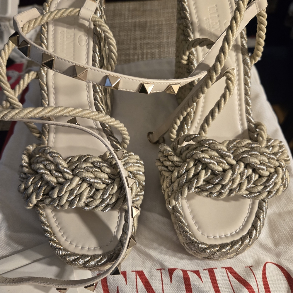 Valentino Garavani Metallic Cream Braided Rope Wedge Sandals